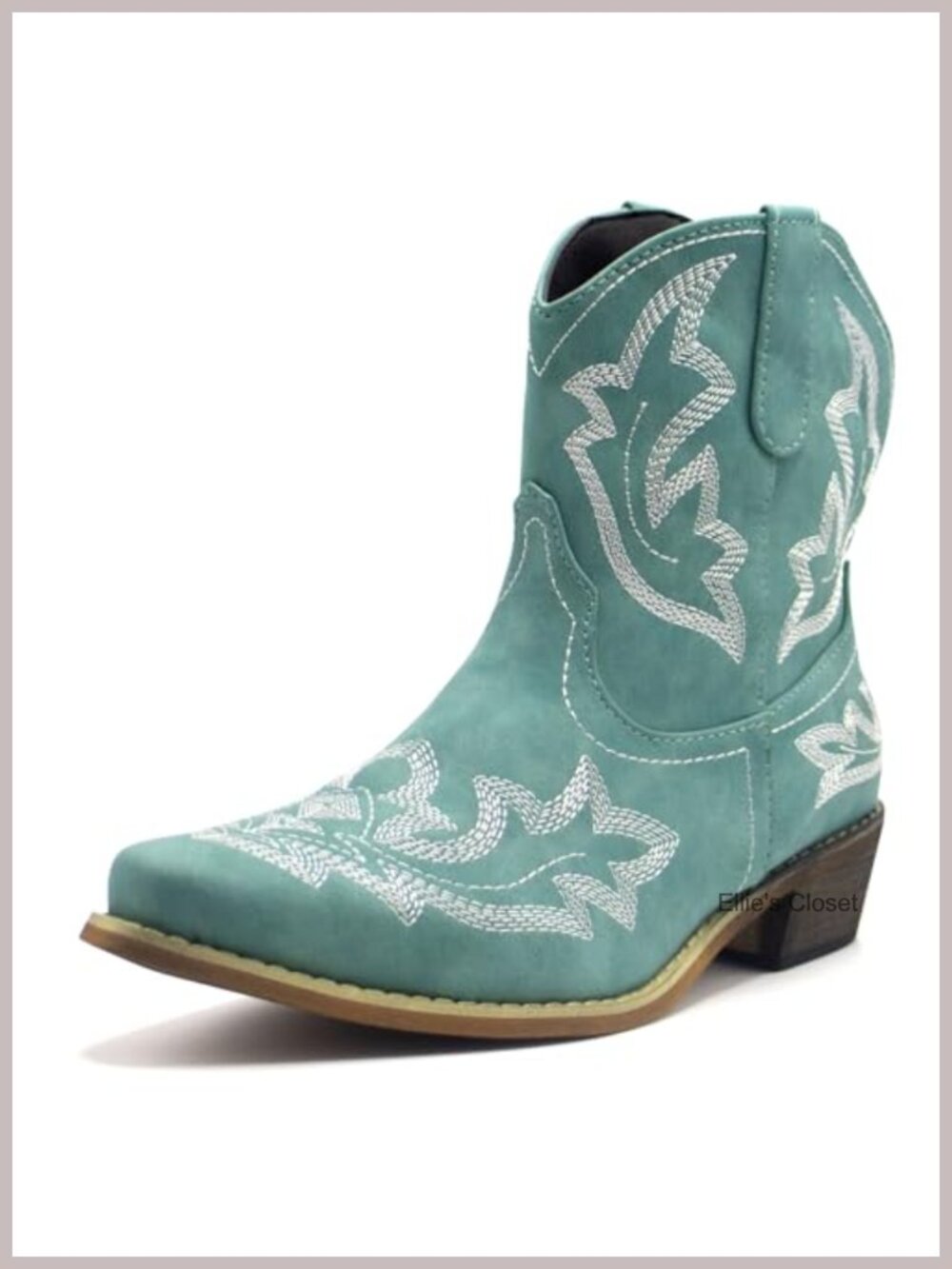 Pointed Toe Western Ankle Booties Embroidered Low Chunky Heel Pull-On